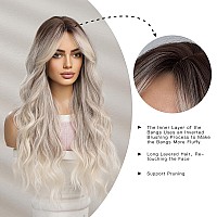 Omelpis Long Ombre Brown Ash Blonde Wavy Wig With Bangs For Women Natural Butterfly Haircut Gray Ash Platinum Dark Roots Layered