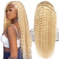 Grcabeir 30 Inch Lace Front Wig Human Hair 613 13X6 Transparent Lace Deep Wave 180 Density Free Part Blonde Lace Front Wigs Huma