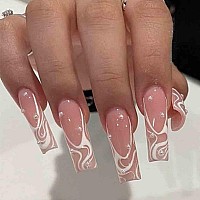 Foccna Square Press On Nails Long Pearl Pink Fake Nails Acrylic False Nailsartificial Nails For Women And Girls 24 Pcs