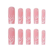 Foccna Square Press On Nails Long Pearl Pink Fake Nails Acrylic False Nailsartificial Nails For Women And Girls 24 Pcs