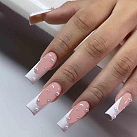 Foccna 24Pcs Pink Fake Nails Square Pearl Glossy Press On Nail Long False Tips French Artificial Finger Manicure For Women And G