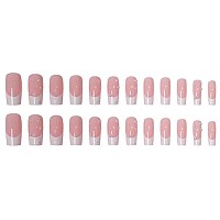 Foccna 24Pcs Pink Fake Nails Square Pearl Glossy Press On Nail Long False Tips French Artificial Finger Manicure For Women And G