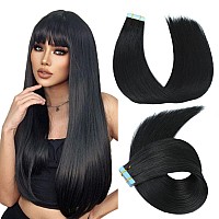 Evala Tape In Hair Extensions Human Hair Black Remy Hair Extensions 1 Jet Black Hair Extensions 20Pcs 50G Straight Tape In Hair