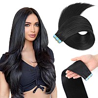 Evala Tape In Hair Extensions Human Hair Black Remy Hair Extensions 1B Natural Black Hair Extensions 20Pcs 50G Straight Tape In