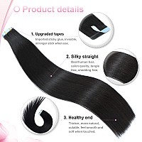 Evala Tape In Hair Extensions Human Hair Black Remy Hair Extensions 1B Natural Black Hair Extensions 20Pcs 50G Straight Tape In