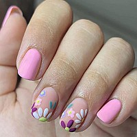 24 Pcs Acrylic Press On Nails Short Matte Flower Fake Nails Cute False Nails With Nail Glue On Nails For Women Pink And Flowe