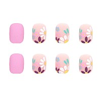 24 Pcs Acrylic Press On Nails Short Matte Flower Fake Nails Cute False Nails With Nail Glue On Nails For Women Pink And Flowe