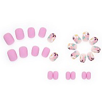 24 Pcs Acrylic Press On Nails Short Matte Flower Fake Nails Cute False Nails With Nail Glue On Nails For Women Pink And Flowe