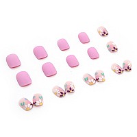 24 Pcs Acrylic Press On Nails Short Matte Flower Fake Nails Cute False Nails With Nail Glue On Nails For Women Pink And Flowe