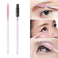 100 Pcs Disposable Mascara Wands Crystal Eyebrow Spoolies Brush For Eyelash Extensions Lash Brushes With Container Pink Stick