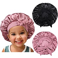 Satin Silk Bonnet Hair Cap 2Pcs Bonnets For Kids With Elastic Tie Band Adjustable Straps For Sleeping Sleep Comfortable Stret