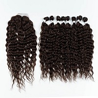 D But Synthetic Hair 8 Bundles With Simple Closure Water Wave High Temperature Fiber Wavy Hair Weave 9Pcs 20 Inches 240G Brown