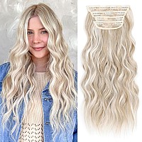 Alxnan Clip In Long Wavy Synthetic Hair Extension 20 Inch Ash Blonde Mix Highlights 4Pcs Thick Hairpieces Fiber Double Weft Hair