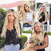 Alxnan Clip In Long Wavy Synthetic Hair Extension 20 Inch Ash Blonde Mix Highlights 4Pcs Thick Hairpieces Fiber Double Weft Hair