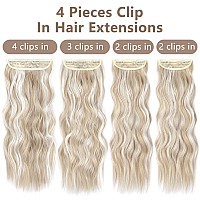 Alxnan Clip In Long Wavy Synthetic Hair Extension 20 Inch Ash Blonde Mix Highlights 4Pcs Thick Hairpieces Fiber Double Weft Hair