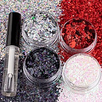 4 Colors Of Holographic Chunky Glitter With Quick Dry Glue Pack 10 4 Pots Total 40G Multishaped For Body Hair Face Eyes Makeu