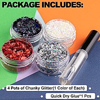 4 Colors Of Holographic Chunky Glitter With Quick Dry Glue Pack 10 4 Pots Total 40G Multishaped For Body Hair Face Eyes Makeu