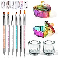 Yokilly Acrylic Nail Art Brush Set 6 Pcs Doublesided Nail Polish Brush 4Pcs Crystal Dappen Dish For Acrylic Nails Nail Line