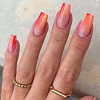 Press On Nails Medium Summer Orange French Tip Glue On Gel Nails With Design 24Pcs Short Square Reusable Glossy Ombre Stick O