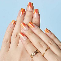 Press On Nails Medium Summer Orange French Tip Glue On Gel Nails With Design 24Pcs Short Square Reusable Glossy Ombre Stick O