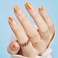 Press On Nails Medium Summer Orange French Tip Glue On Gel Nails With Design 24Pcs Short Square Reusable Glossy Ombre Stick O