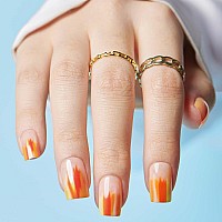 Press On Nails Medium Summer Orange French Tip Glue On Gel Nails With Design 24Pcs Short Square Reusable Glossy Ombre Stick O