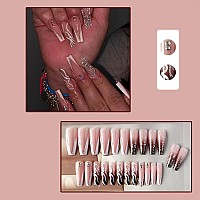 Yoyoee Bling Luxury Press On Nails Long Coffin False Nails French Fake Nails Full Cover Swirl Nails Tips For Women And Girls 24P