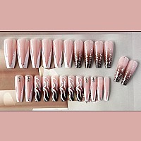 Yoyoee Bling Luxury Press On Nails Long Coffin False Nails French Fake Nails Full Cover Swirl Nails Tips For Women And Girls 24P