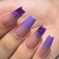 Yoyoee Gradient Press On Nails Long Coffin False Nails Bling Fake Nails Full Cover Purple Nails Tips For Women And Girls 24Pcs