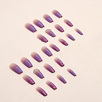 Yoyoee Gradient Press On Nails Long Coffin False Nails Bling Fake Nails Full Cover Purple Nails Tips For Women And Girls 24Pcs