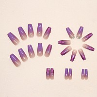 Yoyoee Gradient Press On Nails Long Coffin False Nails Bling Fake Nails Full Cover Purple Nails Tips For Women And Girls 24Pcs