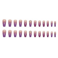 Yoyoee Gradient Press On Nails Long Coffin False Nails Bling Fake Nails Full Cover Purple Nails Tips For Women And Girls 24Pcs