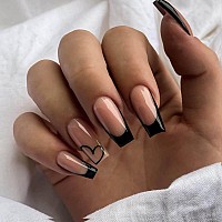 Yoyoee French Long Press On Nails Cute Fake Nails Coffin False Nails Acrylic Full Cover Black Stick On Nails For Women And Girls