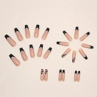 Yoyoee French Long Press On Nails Cute Fake Nails Coffin False Nails Acrylic Full Cover Black Stick On Nails For Women And Girls