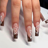 Yoyoee Brown French Press On Nails Long Coffin False Nails Bling Fake Nails Full Cover Butterfly Nails Tips For Women And Girls