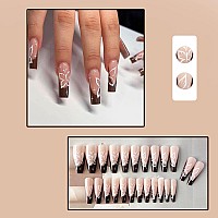 Yoyoee Brown French Press On Nails Long Coffin False Nails Bling Fake Nails Full Cover Butterfly Nails Tips For Women And Girls