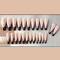 Yoyoee Brown French Press On Nails Long Coffin False Nails Bling Fake Nails Full Cover Butterfly Nails Tips For Women And Girls