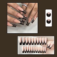 Yoyoee Black Press On Nails Long Coffin False Nails French Fake Nails Full Cover Ballerina Nails Tips For Women And Girls 24Pcs