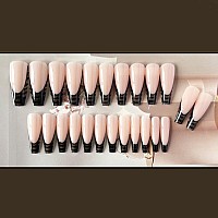 Yoyoee Black Press On Nails Long Coffin False Nails French Fake Nails Full Cover Ballerina Nails Tips For Women And Girls 24Pcs