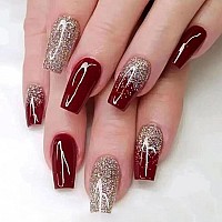 Yoyoee Long Coffin Press On Nails Gradient False Nails Bling Fake Nails Acrylic Full Cover Burgundy Nails Tips For Women And Gir