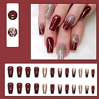 Yoyoee Long Coffin Press On Nails Gradient False Nails Bling Fake Nails Acrylic Full Cover Burgundy Nails Tips For Women And Gir