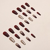 Yoyoee Long Coffin Press On Nails Gradient False Nails Bling Fake Nails Acrylic Full Cover Burgundy Nails Tips For Women And Gir