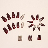 Yoyoee Long Coffin Press On Nails Gradient False Nails Bling Fake Nails Acrylic Full Cover Burgundy Nails Tips For Women And Gir