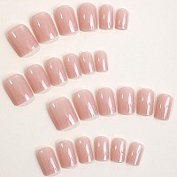 Natural Nude Short Square Press On Nails Kqueenest Glossy Light Color Real Glue On Nails Finger Nails Press On Elegant Fake Nail