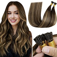 Laavoo I Tip Hair Extensions Human Hair Balayage Medium Brown With Caramel Brown Itip Human Hair Extensions 60S Brown I Tips Hai