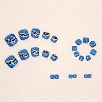 Yosomk 72Pcs 3 Boxes Press On Toenails Short Square Fake Nails Glossy Toe Nails With Blue Designs Fake Toenails Nude Full Cove