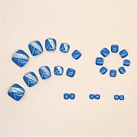 Yosomk 72Pcs 3 Boxes Press On Toenails Short Square Fake Nails Glossy Toe Nails With Blue Designs Fake Toenails Nude Full Cove