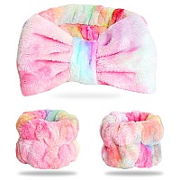 Wsyub Spa Headband And Wrist Bands Makeup Headband And Wrist Towels For Washing Face Fuzzy Bow Headbands Soft Facial Head Ban