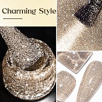 Mizhse Reflective Glitter Gel Nail Polish Light Gold Sparkly Shiny Gel Polish Shimmer Nail Gel Soak Off Nail Art Manicure Diy