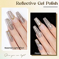 Mizhse Reflective Glitter Gel Nail Polish Light Gold Sparkly Shiny Gel Polish Shimmer Nail Gel Soak Off Nail Art Manicure Diy